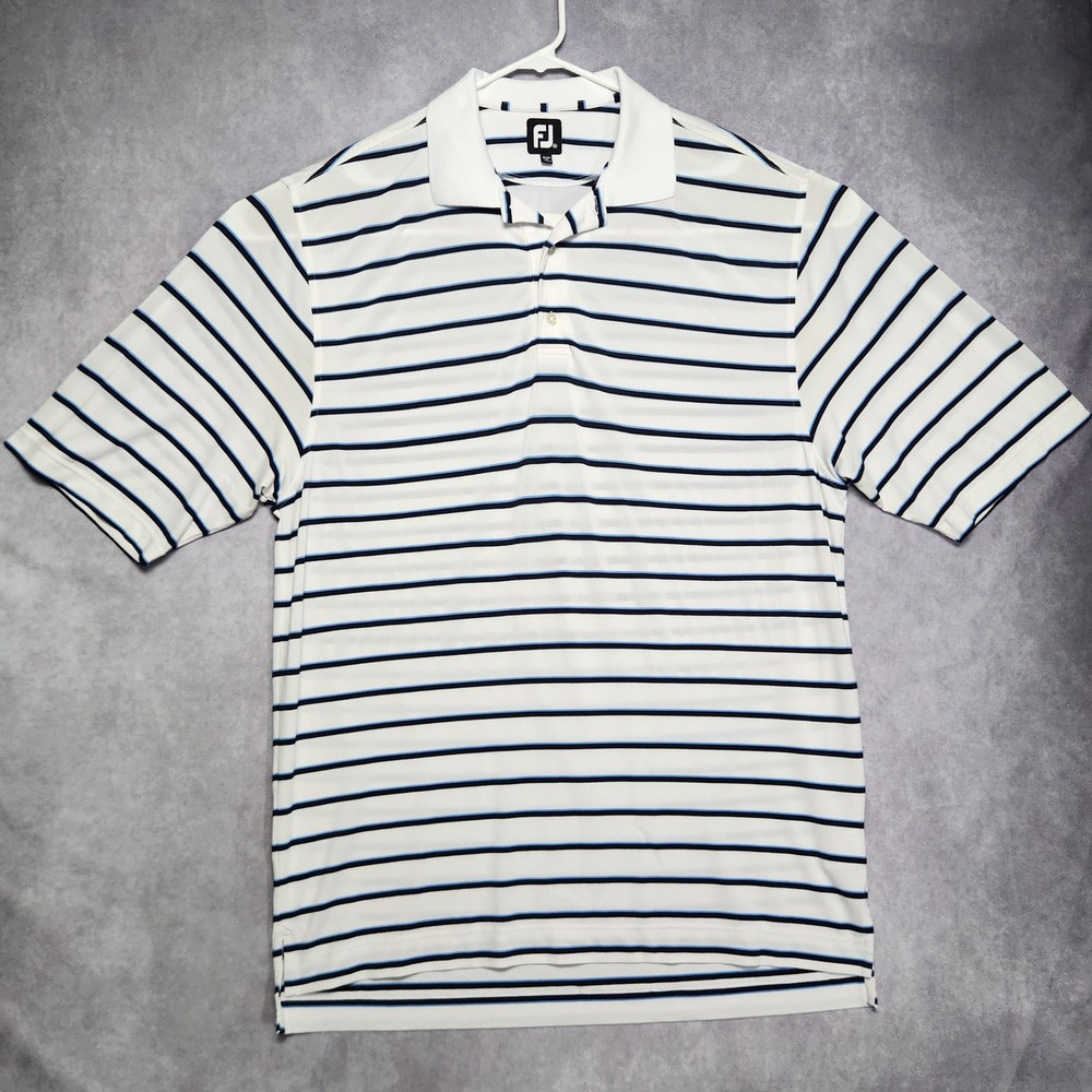 FootJoy Men's XL Golf Polo Shirt White Blue Striped Short Sleeve FJ Logo